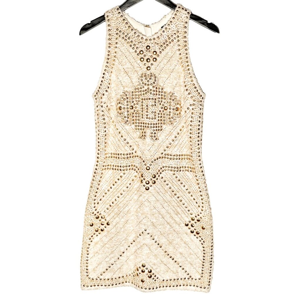 Balmain Ivory Gold Studded Embellished Tweed Dress